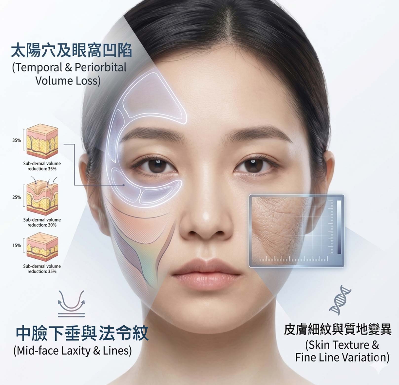 「猛健樂臉」常見症狀：太陽穴、眼窩凹陷、蘋果肌下垂、法令紋加深、皮膚乾燥、缺乏光澤。韓后醫美