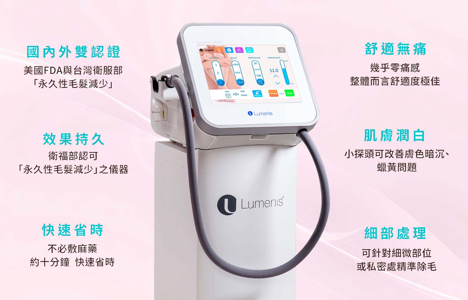 LightSheer真空除毛 優點：腋下,背部,腹部,胸部,大小腿,鬍鬚,乳暈,髮際線,手/腳趾,私密處/比基尼線。韓后醫美