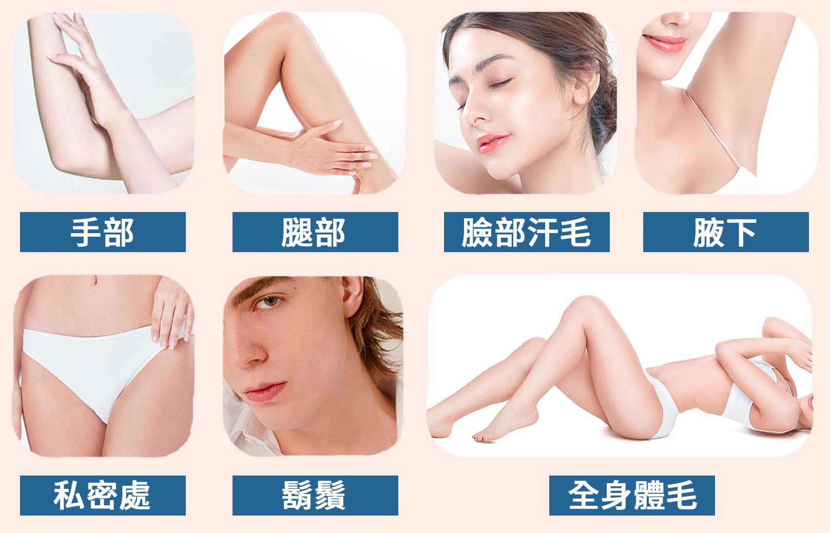 LightSheer真空除毛：腋下,背部,腹部,胸部,大小腿,鬍鬚,乳暈,髮際線,手/腳趾,私密處/比基尼線。韓后醫美