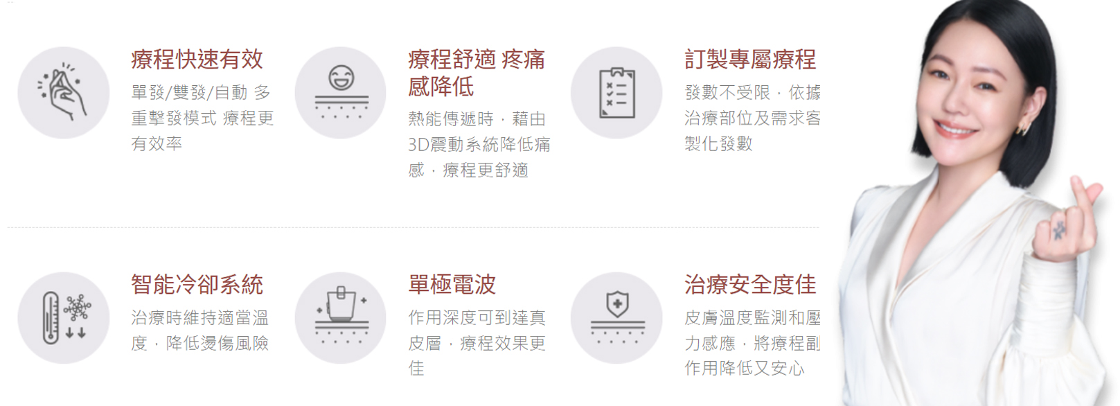 韓后醫美 玩美電波 Oligio 小S 徐熙娣代言 1.低疼痛感 | 能量傳遞時，藉由3D震動系統降低痛感，治療更舒適。2.無修復期 | 非侵入性療程。3.療程時間短 | 單發/雙發/自動 / 多種擊發模式，縮短時間。4.客製化精準發數 | 分段施打，量膚訂製專屬療程。5.智能冷卻系統 | 智能冷卻震動系統，治療時維持適當溫度，降低燙傷風險。6.安全治療 | 台灣衛福部/歐盟CE/美國FDA/韓國KFDA核准 療程更安心，通過皮膚溫度監測和壓力感應，將副作用降至新低。