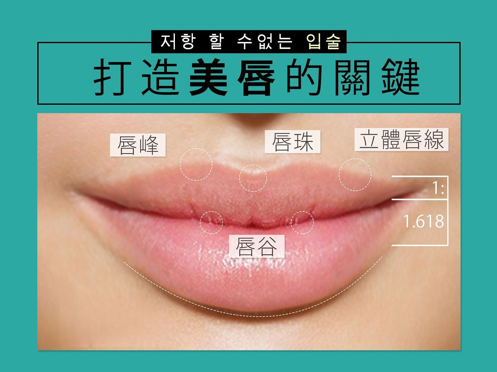 韓后醫美 打造嘴角微微往上揚，上下唇1：1.618的比例。