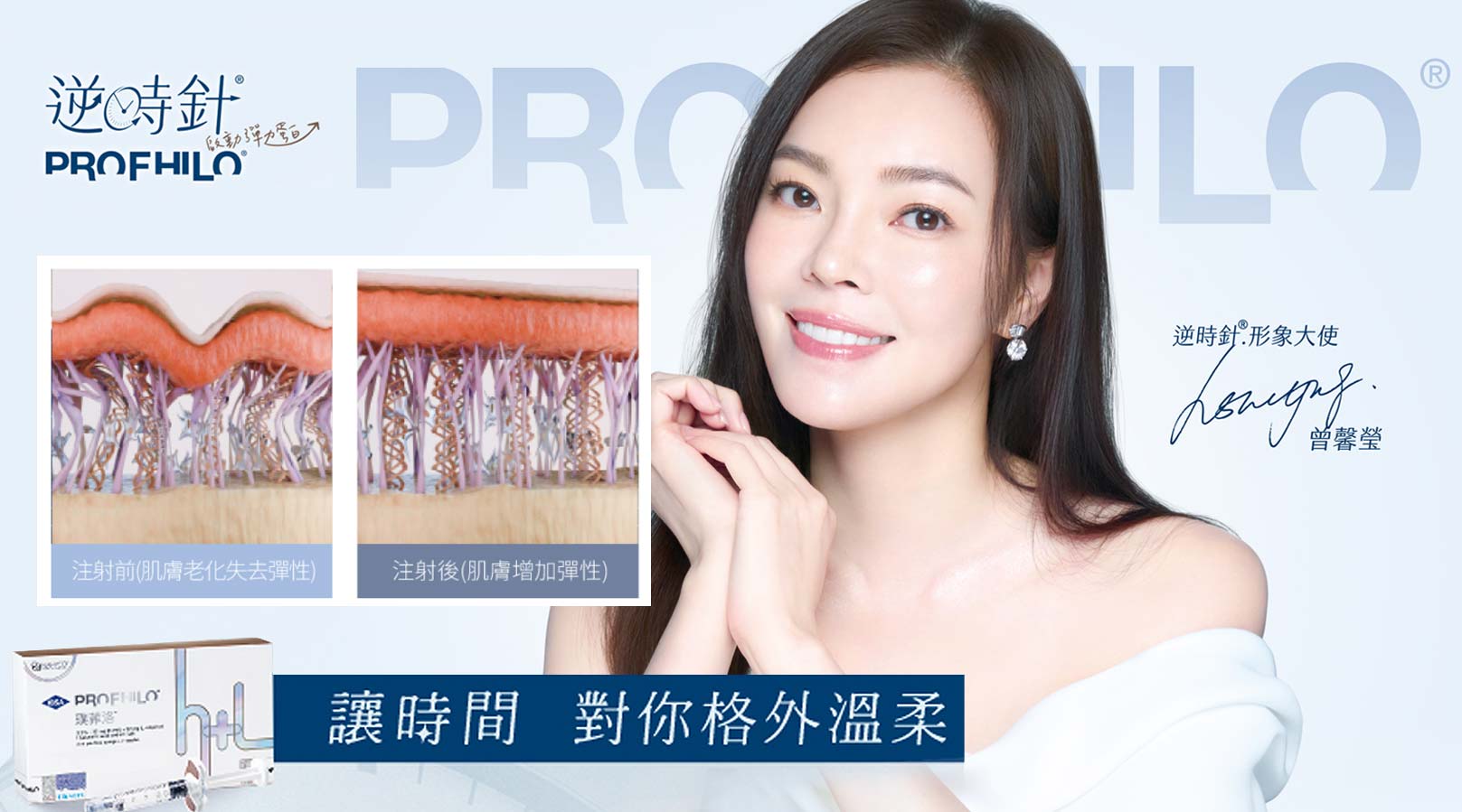 逆時針,PROFHILO,形象大使曾馨瑩,注射前(肌膚老化失去彈性),注射後(肌膚增加彈性),讓時間對你格外溫柔,韓后醫美
