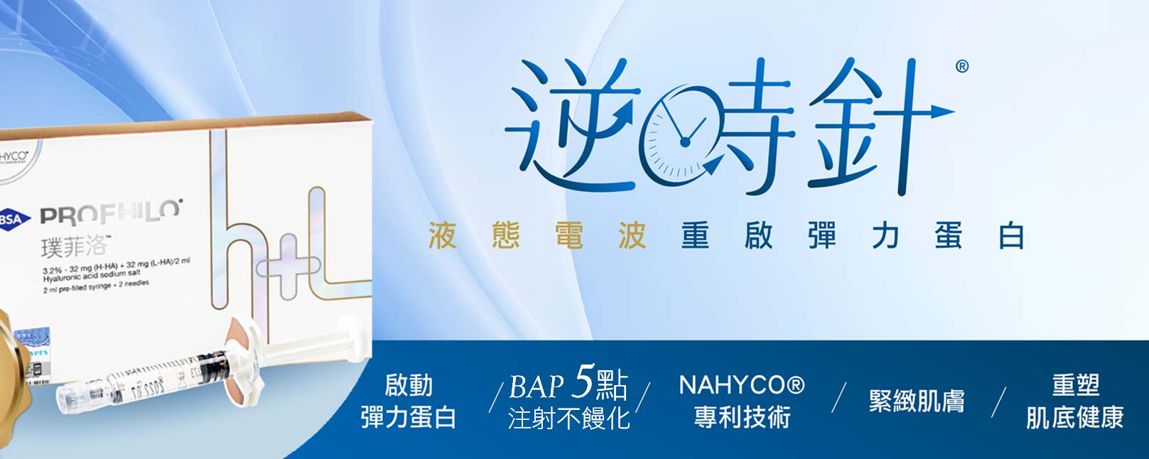 逆時針,PROFHILO,液態電波,重啟彈力蛋白,啟動彈力蛋白,BAP 5點注射不饅化,NAHYCOR專利技術,緊緻肌膚,重塑肌底健康,韓后醫美